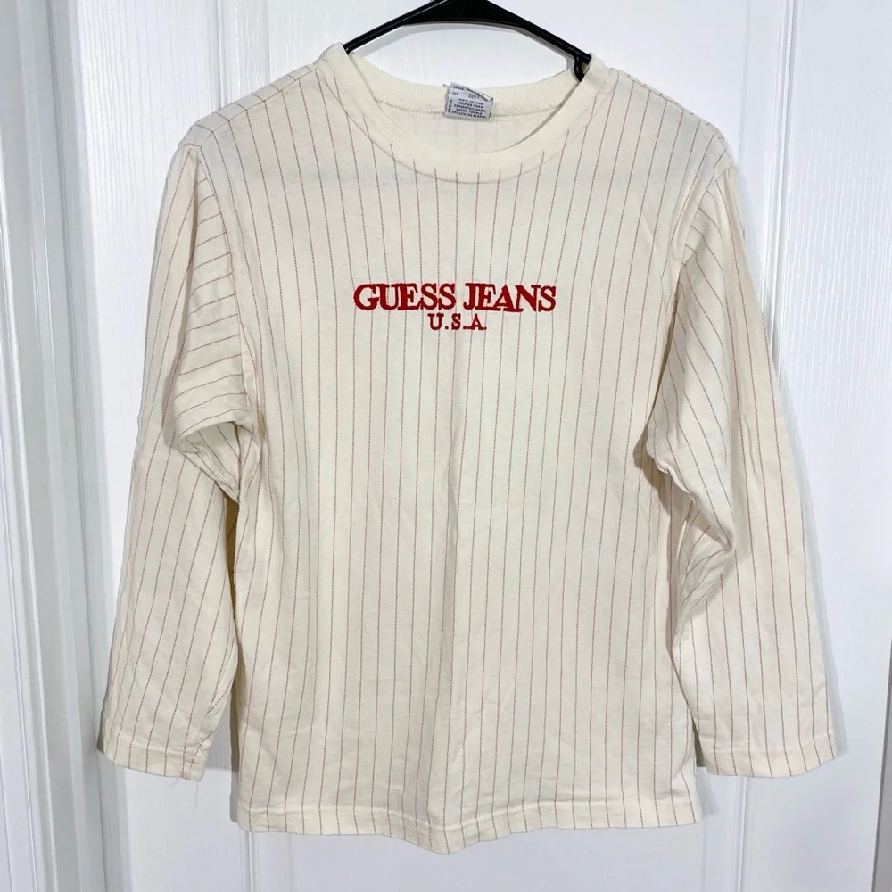 90s Guess Jeans USA MADE Red Pinstripe Long Sleeve Tee Vintage Boy’s Large